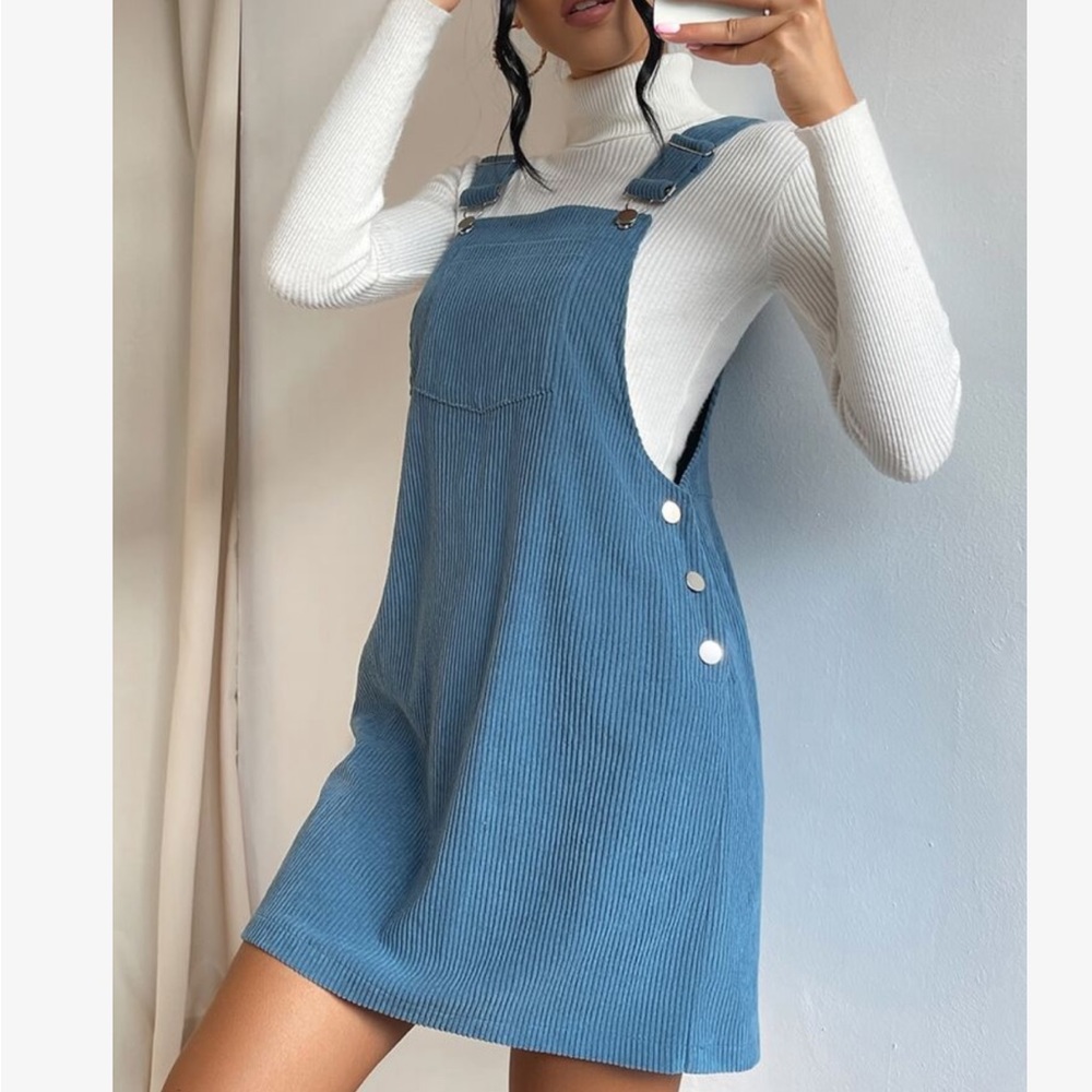 Classic Elegant Corduroy Solid Pocket Jumper Overall Dress Without Sweater - Picture 4 of 13